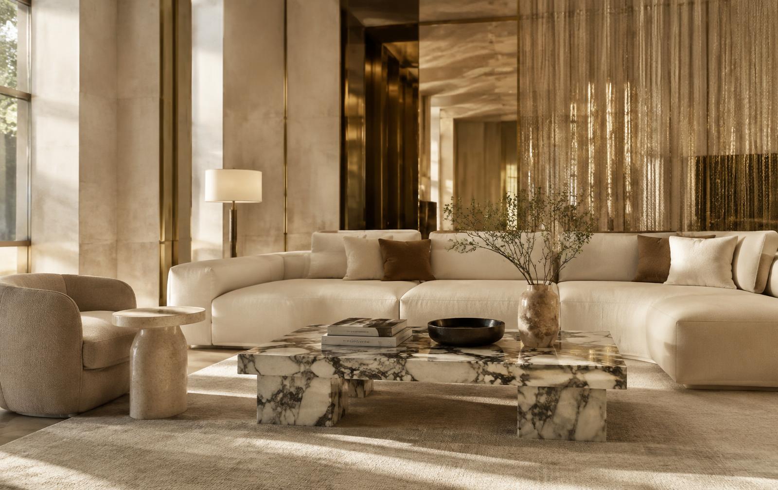 Luxe interieur met marmeren salontafel en travertin bijzettafel